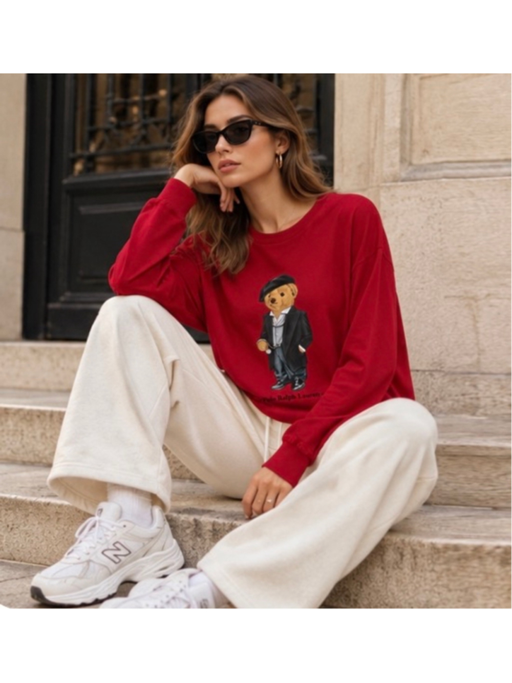 Women's Polo Ralph Lauren Long Sleeve Polo Bear Graphic Tee Red XL
